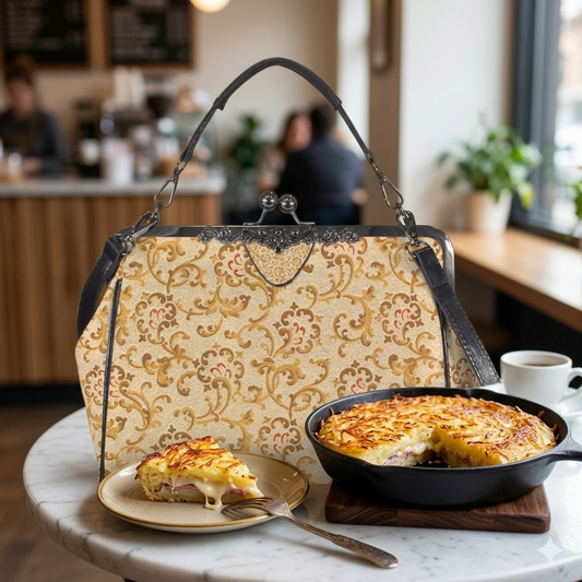 Torta di patate con speck e scamorza filante in padella accanto a una Borsetta Click Trisarte