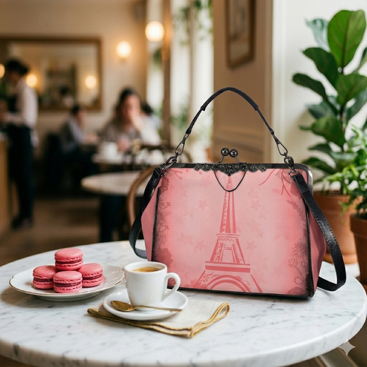 Borsetta click rosa con Torre Eiffel accanto a macarons rosa e caffè in un café parigino